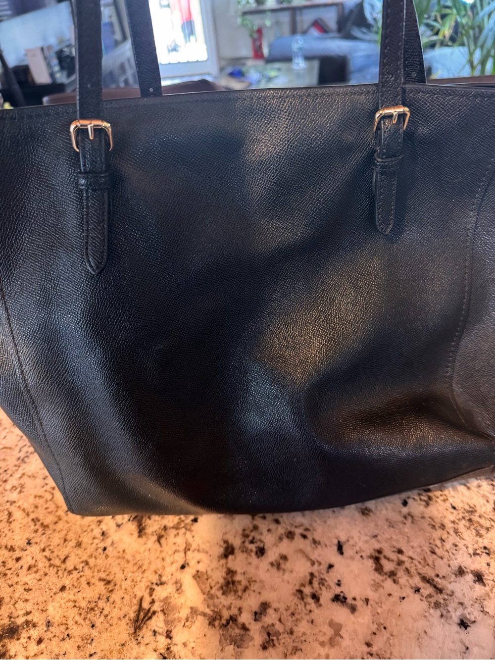 Coach Black Leather Tote with Gold Buckle Accents